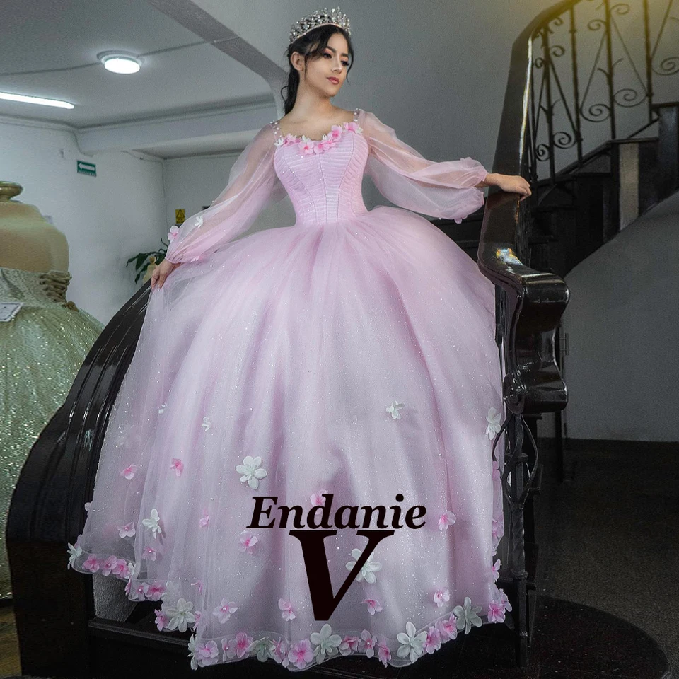 Vendanie atraktívne šaty quinceanera na 15 rokov s aplikáciami Perl Puff Ruckves Pleat Tulle Vestidos de 15