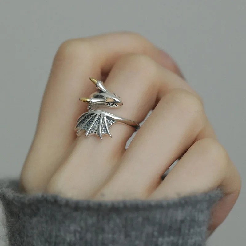 Ventfille 925 Silve Wing Dragon Punk Ring for Women Girl Party Gift Retro hiphop módne šperky kvapky