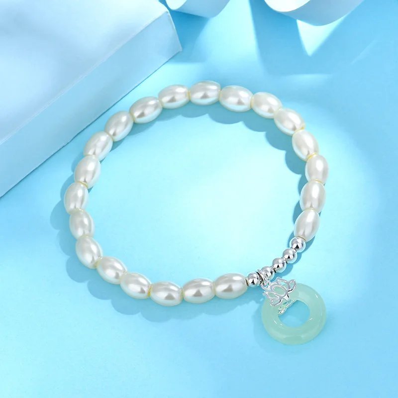 Ventfille 925 Sterling Silver Imation Pearls Bracelet for Women Hottan Jade Sladké romantické elastické šperky darček kvapky kvapky