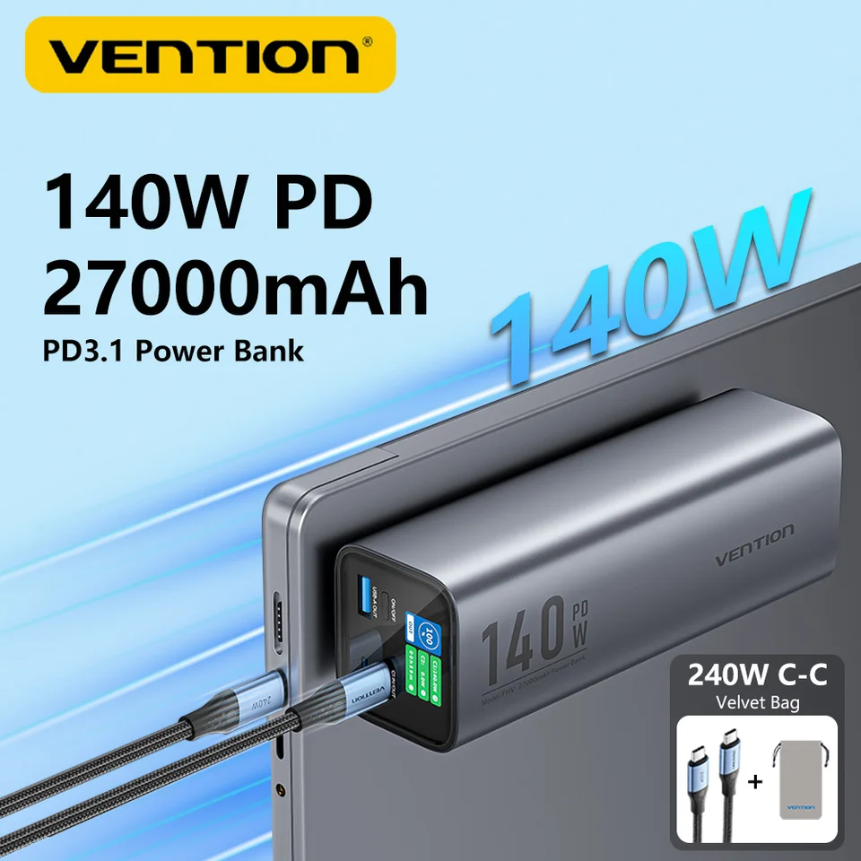 VENTION 140W Power Bank 27000MAH Prenosná energia Banka PD Rýchle nabíjanie pre notebook pre notebook Xiaomi 13 Rýchle nabíjanie Externá batéria