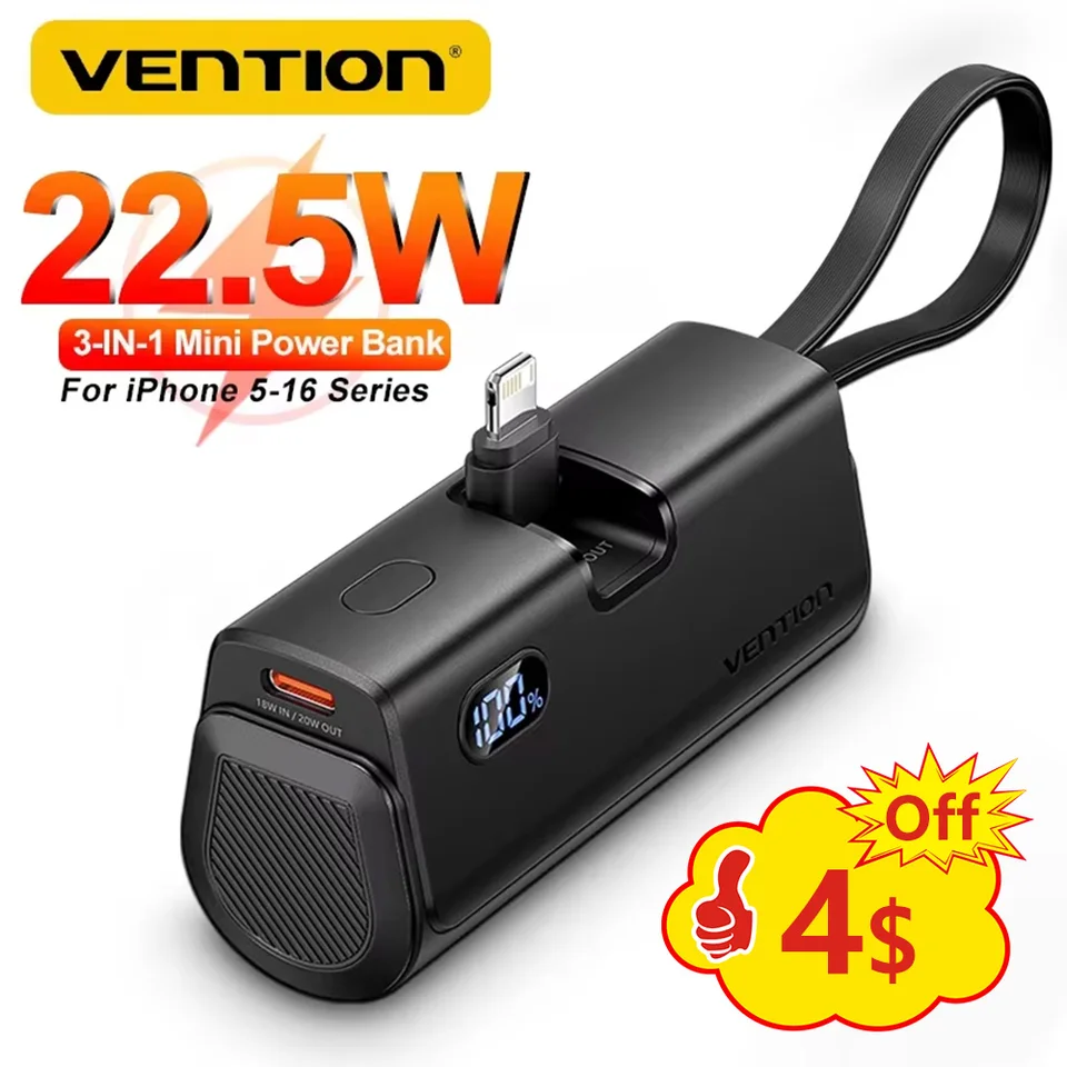 Vention Mini Power Bank Capsule Powerbank Pd Fast Charg Pomocná batéria blesková zástrčka Play Externá batéria pre iPhone