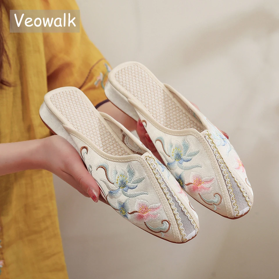 Veowalk gázové patchworky Ženy saténové vyšívané ploché mules papuče pohodlné priedušné letné posúvacie topánky pre elegantné dámy