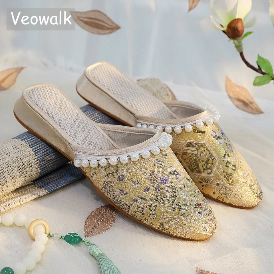 Veowalk Pearl Women Dámske vyšívané tkanina špicaté špičky ploché mules klsky mäkké pohodlné letné topánky mimo domácu béžovú zelenú bielu farbu