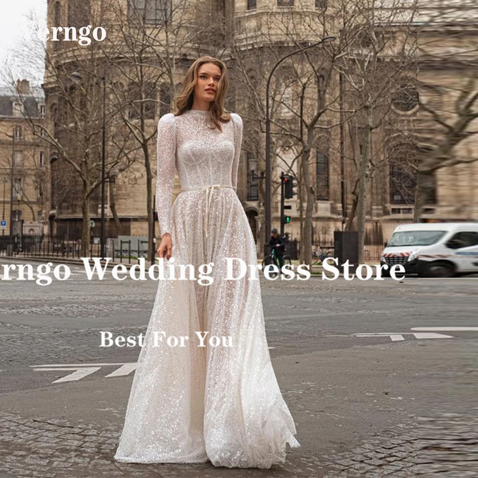 Verngo iskrivé trblietky A Line s dlhými rukávmi svadobné šaty s vysokým krkom korzet dĺžka dĺžky svadobné šaty moderné Vestido de noiva