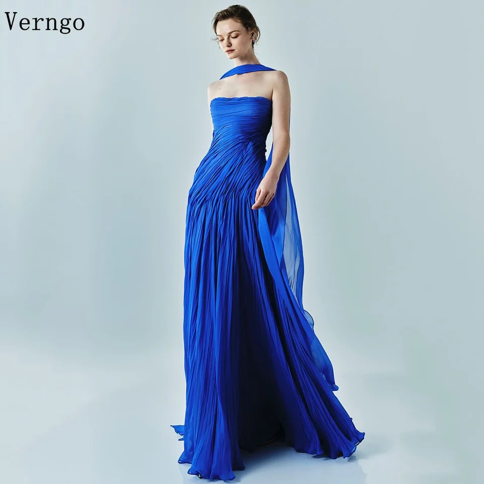 Verngo Royal Modré večerné šaty Elegantné ramienok bez ramienok Prom šaty tečúce ručne vypité hodvábne plesové šaty prispôsobené prispôsobené