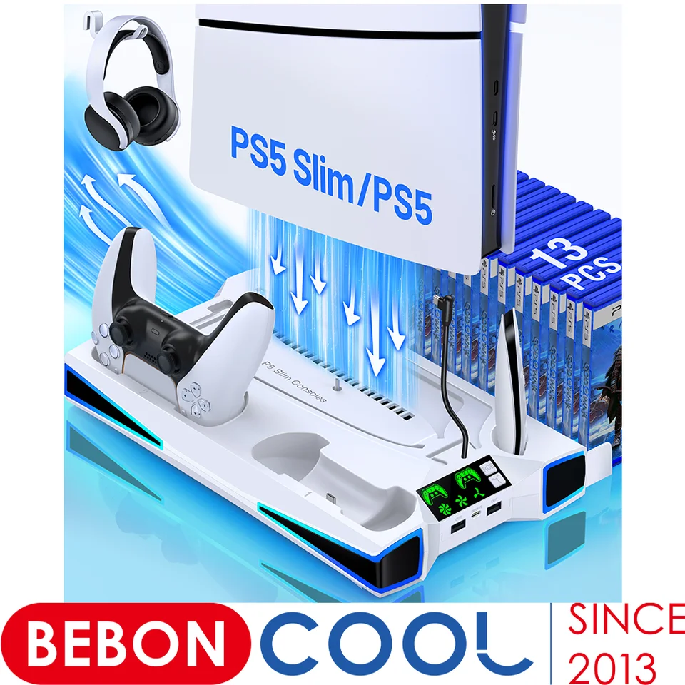 Vertikálny stojan v Beoncool pre PS5 Slim Disc/Digital Dual Rýchle nabíjanie chladiaceho stojana pre chladiacu stanicu PS5 pre PlayStation 5