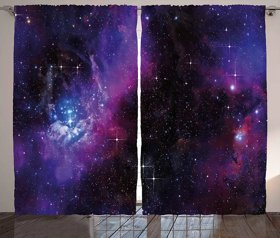 Vesmírne záclony hmlové hmlové galaxie so svetelnými hviezdami a kozmickými lúčmi astronómia Explore obývacia izba spálňa okno Domovod