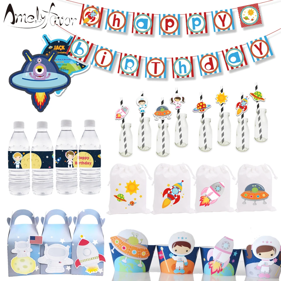 Vesmírny astronaut párty dodávky pozvánky Darčeková skrinka banner Straw Bag Cake Topper Fľaša na fľašu narodeniny Decorácie