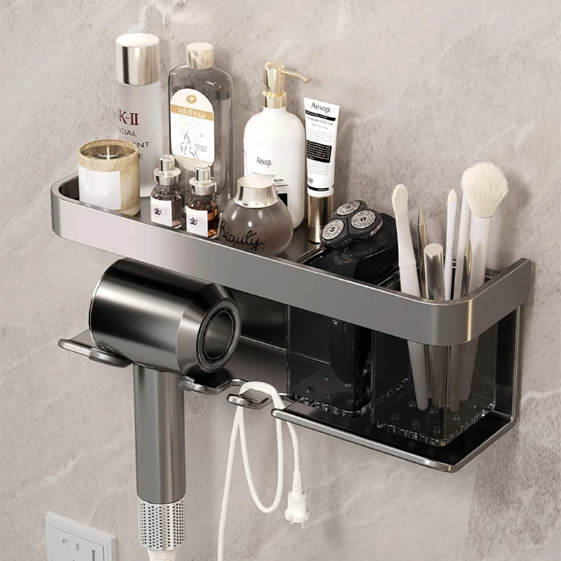 Vesmírny hliníkový držiak na sušič vlasov Self Adhesive Punch Free Wall Mount Kúpeľňa make -up skladovac