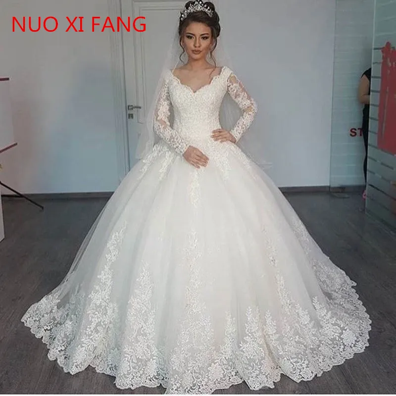 Vestidos de Novia Sexy V krk dlhé rukávy s dlhým rukávom čipky svadobné šaty loptové šaty svadobné rúcho de mariage 2022 svadobné šaty plus veľkosť