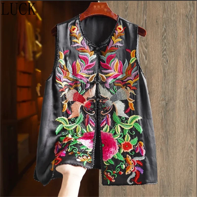 Vesty pre ženy retro spona módne vesty Ženy Národné prílivové vyšívanie korálky High-end Mulberry Hodváb Čínska Čínska bunda Váska