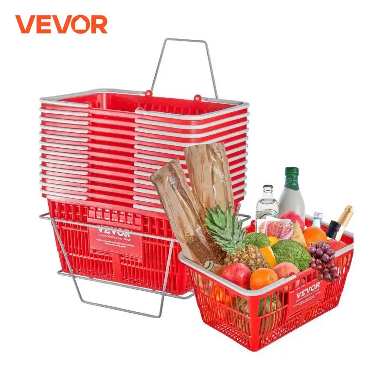 Vevor 12ks nákupný kôš 21L plastový košík s potravinami s rukoväťou a stojanom prenosný obchod s obchodom používaný pre supermarket pre maloobchodný obchod