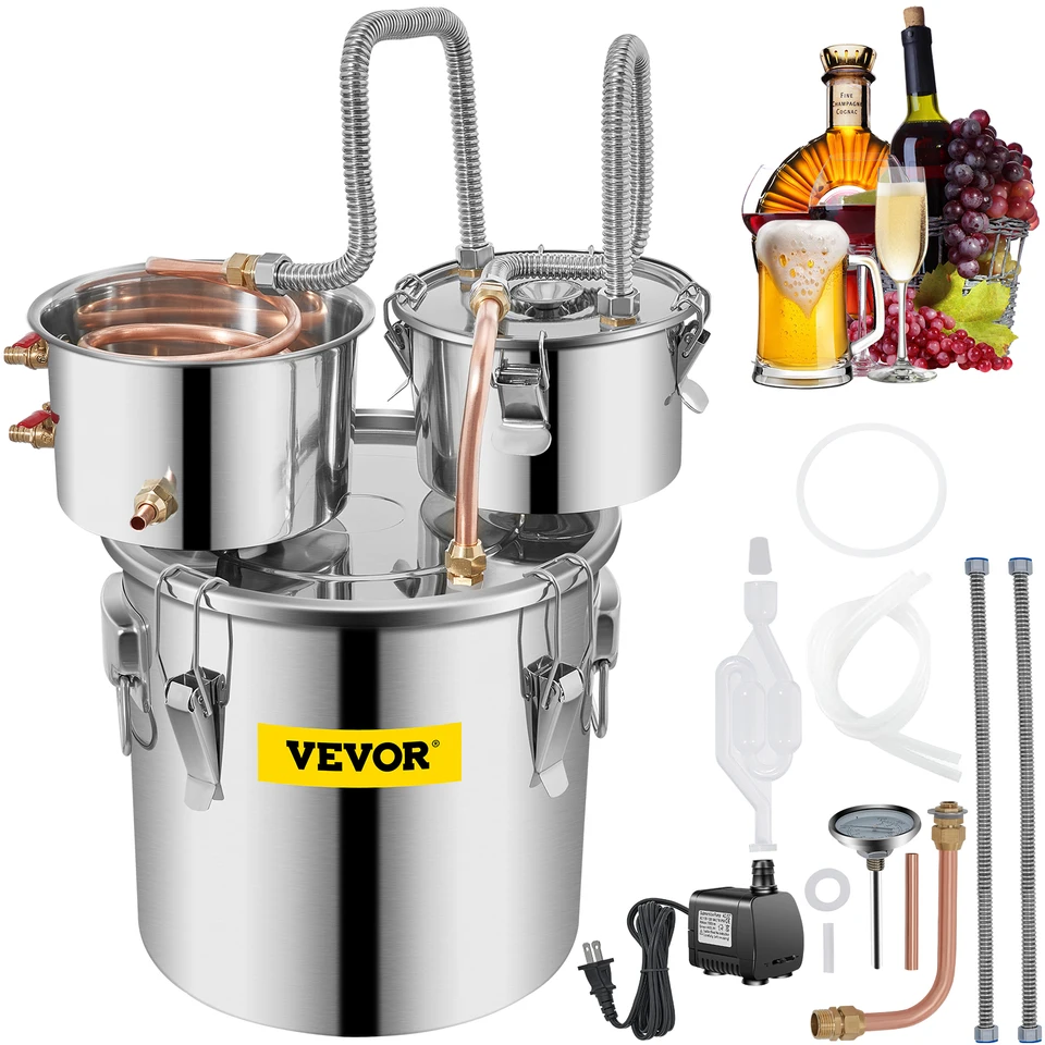Vevor 3/5/8 Gal Gal z nehrdzavejúcej ocele Dychtilátor alkoholu s medenou trubicou a vybudovaným teplomerom Double Thumper Keg Domov Brewing Kit