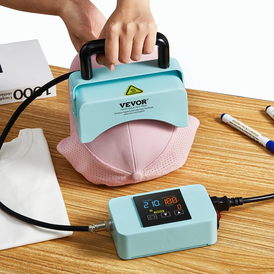 Vevor Hat Press Machine Mini Hat Heat Press s integrovaným ovládacím panelom 5,9 x 3,15 palca zakrivená vykurovacia doska, automatické vypnutie