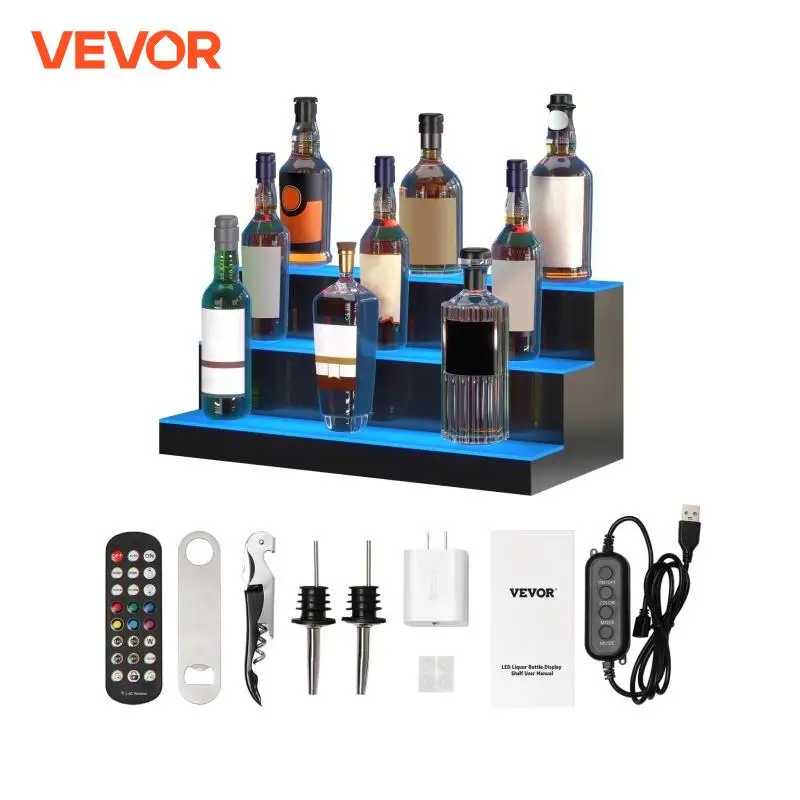 Vevor LED LED likérový displejový stojan na displej 16/24 palcov 1/2/3/4-stupňový viacfarebný priesvitný priesvitný akrylový bar s poličkou s diaľkovým ovládaním aplikácií