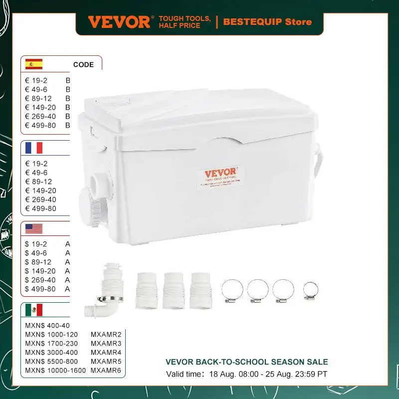 Vevor macerátorové čerpadlo 350W 6000 l/h Prietok 23 ft/7 m hlava macerátorová kanalizačná vane čerpadlo s 3 vodnými vložkami vody na likvidáciu vody