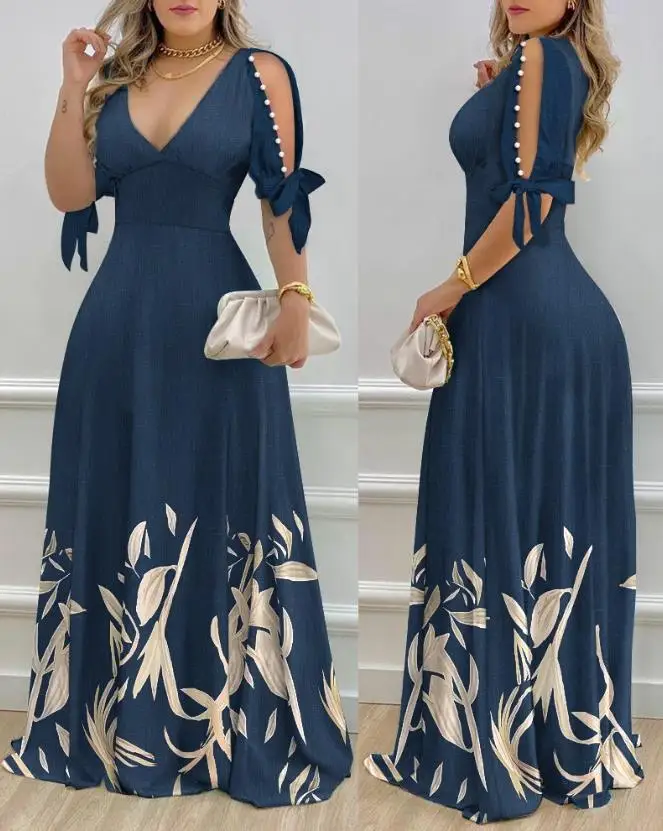 Večerné šaty móda letný letný neformálny výstup perl perlovú dekoráciu rozdelený rukávový pás dlhé šaty Sexy elegantné šaty dámske oblečenie