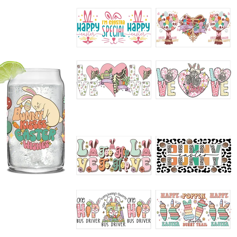 Veľkonočná séria Easy Peel Waterproof DIY obtisky retro krásy 3D prenosy UVDTF Crystal Sticker 16oz UV DTF Cup Cup Wraps