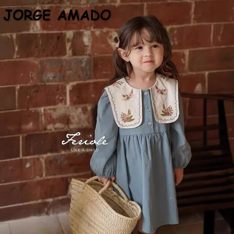 Veľkonočné deti Dievčatá Nové jarné jesenné šaty vyšívané klopne dlhé rukávy Turnwow-Down Collar Princess Dresses H5168