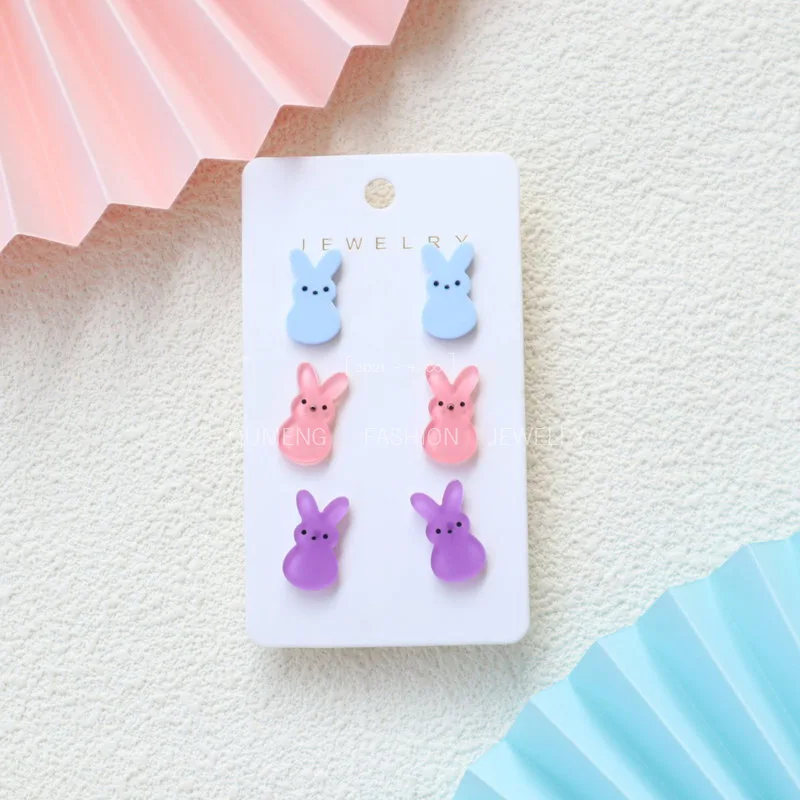 Veľkonočné peeps Stud náušnice Sada Marshmallow Bunny, jarné náušnice, akryl, ručne natreté, laserové vyryté náušnice