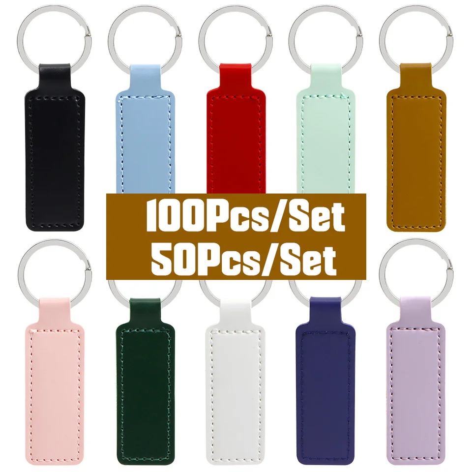 Veľkoobchod 100 50 PCS PU kožené identifikačné štítky Klávesové reťaze Car Keychain Personalizovaný názov ID psov ID Plate Square Key Prívesok s prsteňom