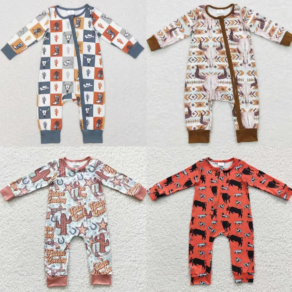 Veľkoobchod chlapčeka batoľa Western Romper Cow tlač Kids kaktus zips jednodielny novorodenecký pokrývka kombinézy kombinézy s dlhými rukávmi