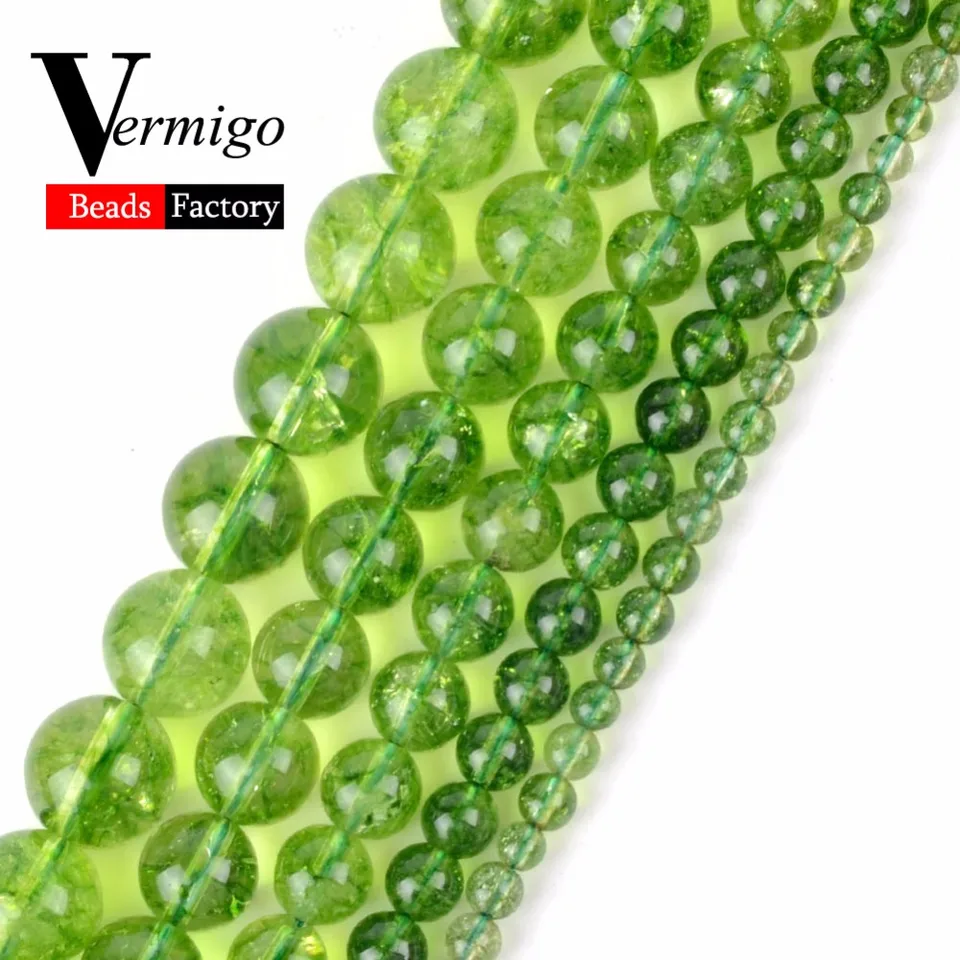 Veľkoobchod Zelený peridot kryštálový korálky Prírodný kameň Olive Quartz Round Loose Loads pre šperky výroby DIY náramok 15 