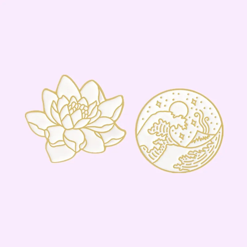 Veľkoobchod zlatý vzor Lotus Wave Round Badge Brošne brožby Seaside Wave Star Moon Moon Ocean Plant Plant Plant Neutrálne kolíky Darček pre priateľa