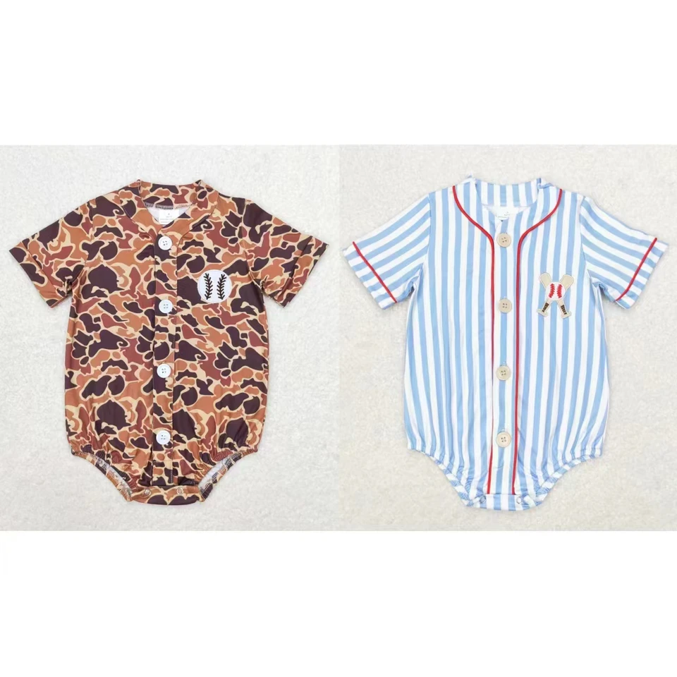 Veľkoobchodné deti, chlapče s krátkymi rukávmi letné novorodenecké deti batoľa, vyšívacie výšivky baseball camo pruhy BodySuit