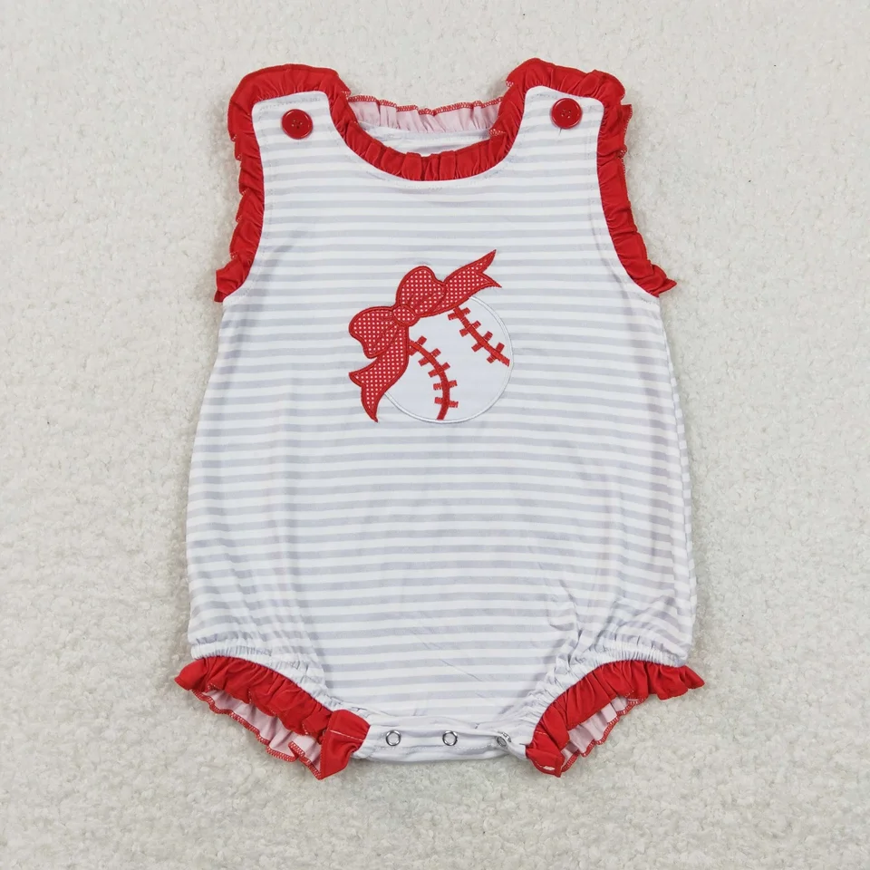 Veľkoobchodné deti novorodenecké baseballové výšivky Romper pruhy kombinézy Toddler Kid dievčatká loptička loptička bavlna jednodielne oblečenie