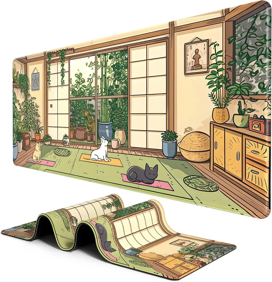 Veľká herná myš podložka Lofi Cats Yoga kawaii anime stola Mat XXL Office Home Použite dlhú klávesovú rohož