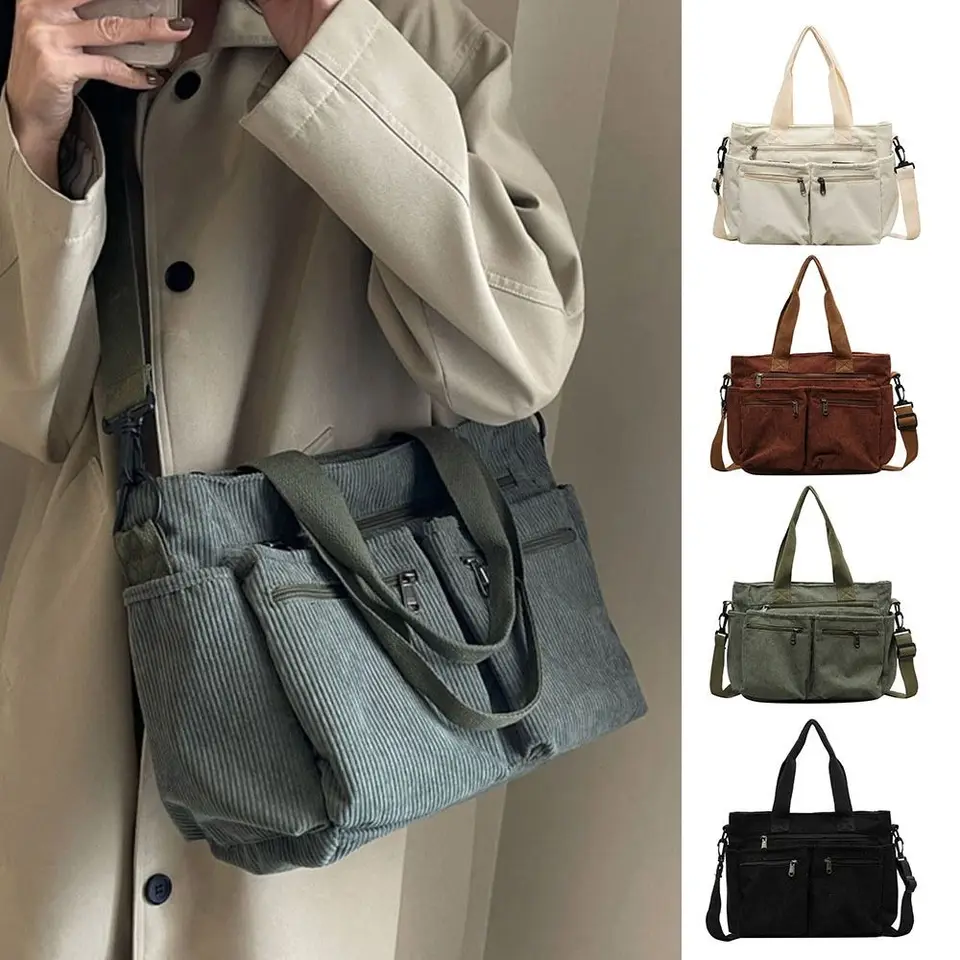 Veľká kapacita Corduroy kabelka Multi-vrecko Odnímateľný ramenný popruh dámska taška na rameno Simple Tote Kórejský jednoduchý zips