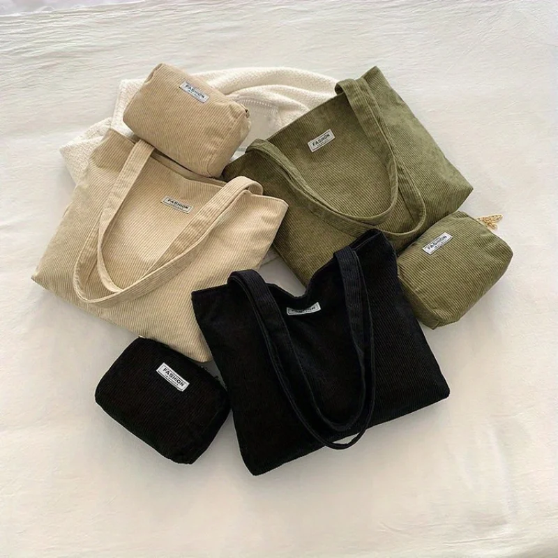 Veľká kapacita Corduroy Sling Tote Bag - priestranný interiér, žiadny vzor, ​​bez tlač, štýlová dámska neformálna kabelka a kabelka