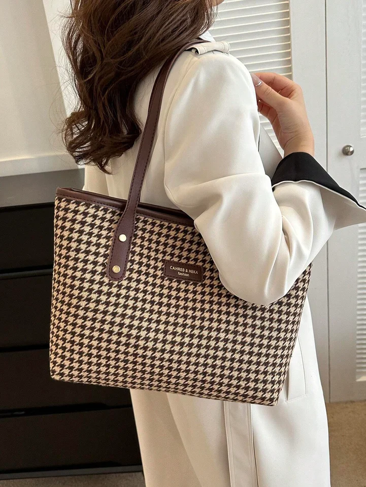 Veľká kapacita Plaid PU notebook tote taška Jednoduchá neformálna taška na ramene Všestranná módna prenosná kabelka pre ženy