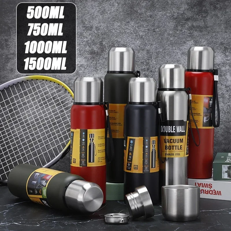 Veľká kapacita Thermos Cup 304 Nerezová oceľ vonkajšia prenosná horolezecká fľaša s vodou s lanom 500/750/1000/1500 ml