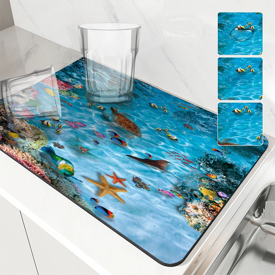 Veľká kuchyňa absorbujúca rohož Morine Coral Fish Antiskid odvodňujúca kávu sušiace podložka Rýchla kúpeľňa Odtoková podložka Rat