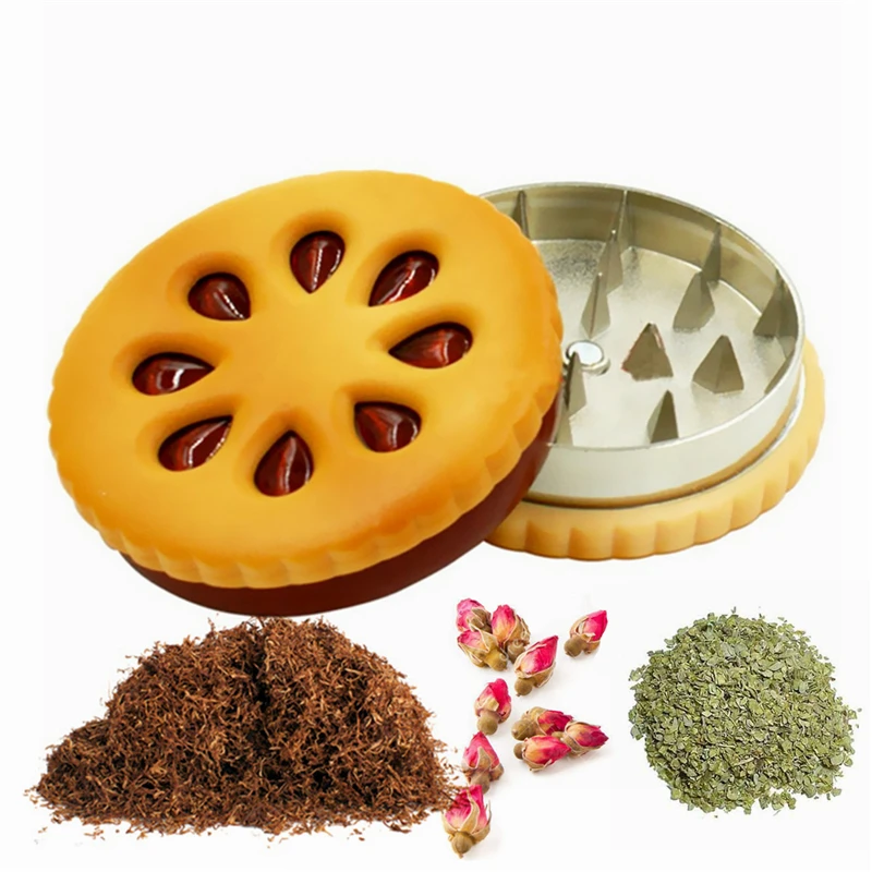 Veľká propagácia 55 mm cookie tvar sušienky kovový mlynček tabak Crusher sušené kvety bylinky domov vtipný darček pre mužov