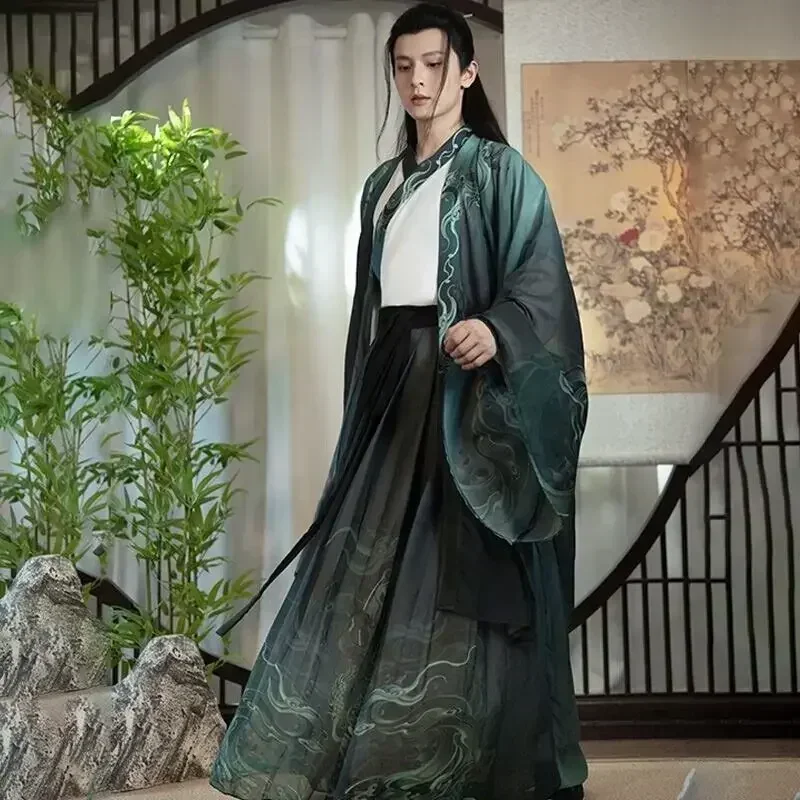 Veľká veľkosť 2xl hanfu muži Číňania tradičné tlačené hanfu samec Halloween Cosplay kostým Gradient biele a zelené súpravy Hanfu 3ks