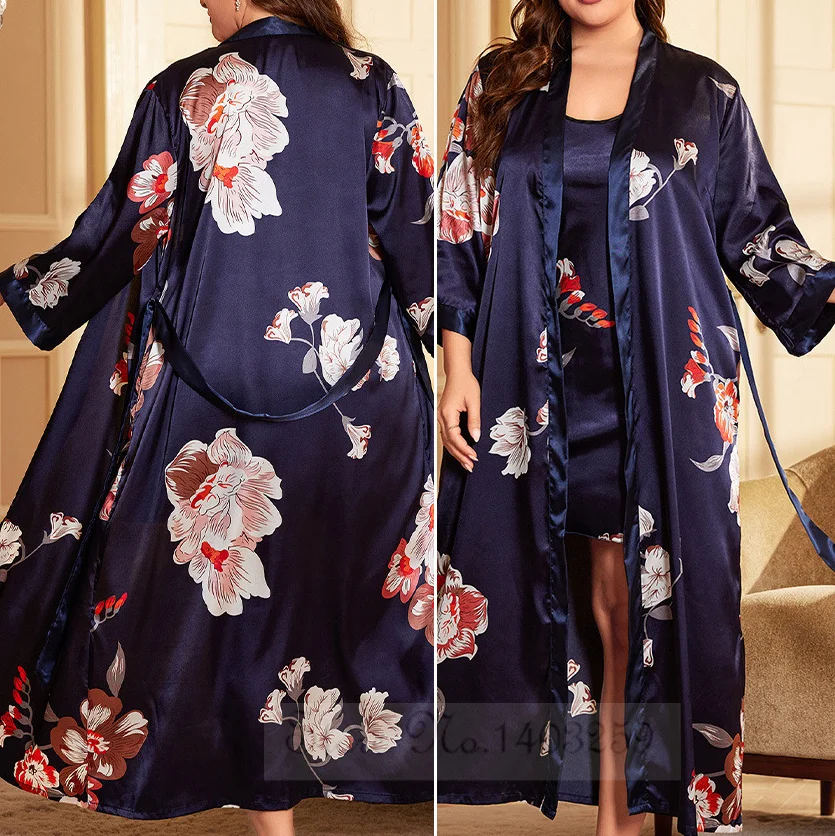 Veľká veľkosť 3xl 4xl 5xl ženská rúcho nočná košeľa tlač kvet dlhý kimono župan šaty
