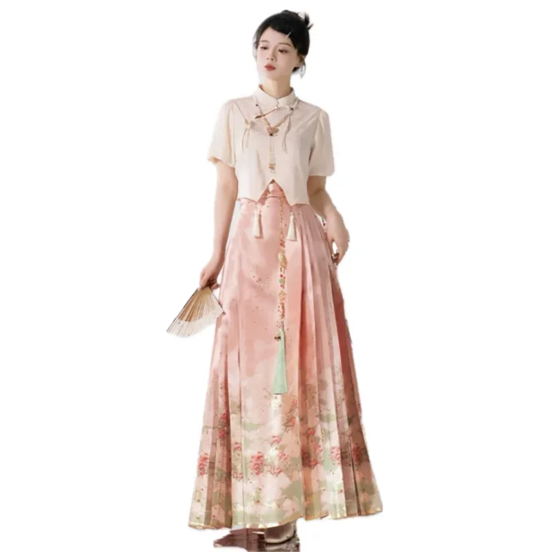 Veľká veľkosť 4xl Hanfu Horse Face sukňa Dámske letné košeľa s krátkym rukávom+sukňa hanfu súpravy čínska sukňa Hanfu Horse Face sukňa 2ks