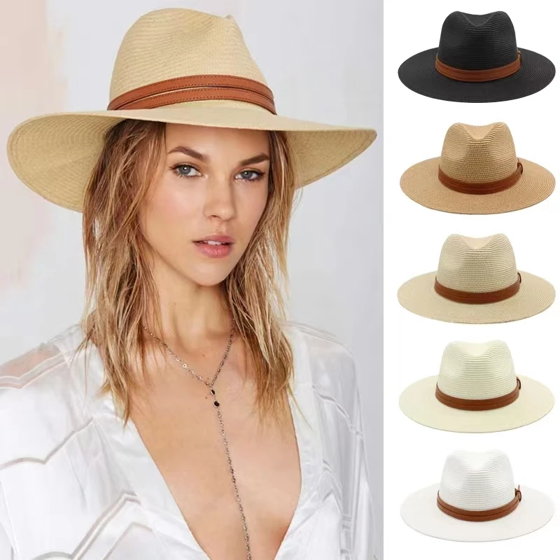Veľká veľkosť 56-58 59-60 cm Nový prírodný panama Straw Hat Summer Men Ženy široká brim pláž UV ochranu Fedora Sun Hat Wholesale