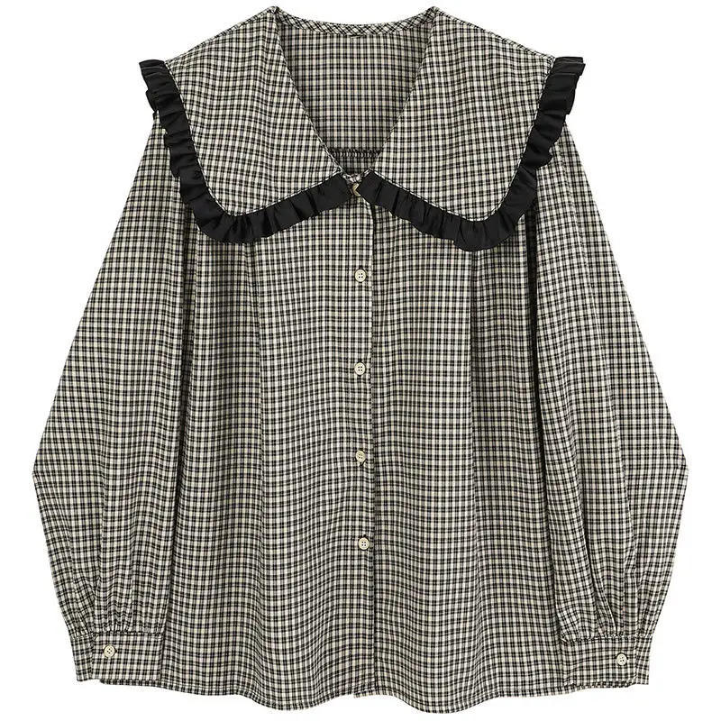 Veľká veľkosť 6xl 150 kg Ženy Plaid košeľa Peter Pan Collar s dlhým rukávom Dámske vrcholy nadrozmerné ženy blúzky