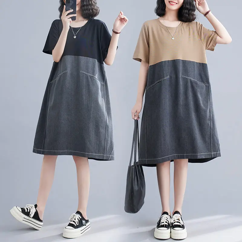 Veľká veľkosť dámska patchwork Color Contrast Denim Dress 2023 Nová letná kórejská verzia voľné literárne neformálne šaty C061