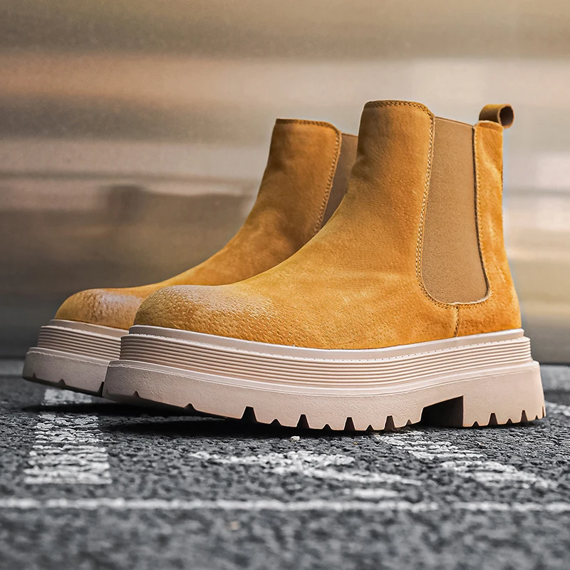 Veľká veľkosť mužov Príležitostný večierok Nočný klub High Chelsea topánky Slip-On Cow Suede Leather Shoes Cowboy Platforma Boot Autumn Winter Bota