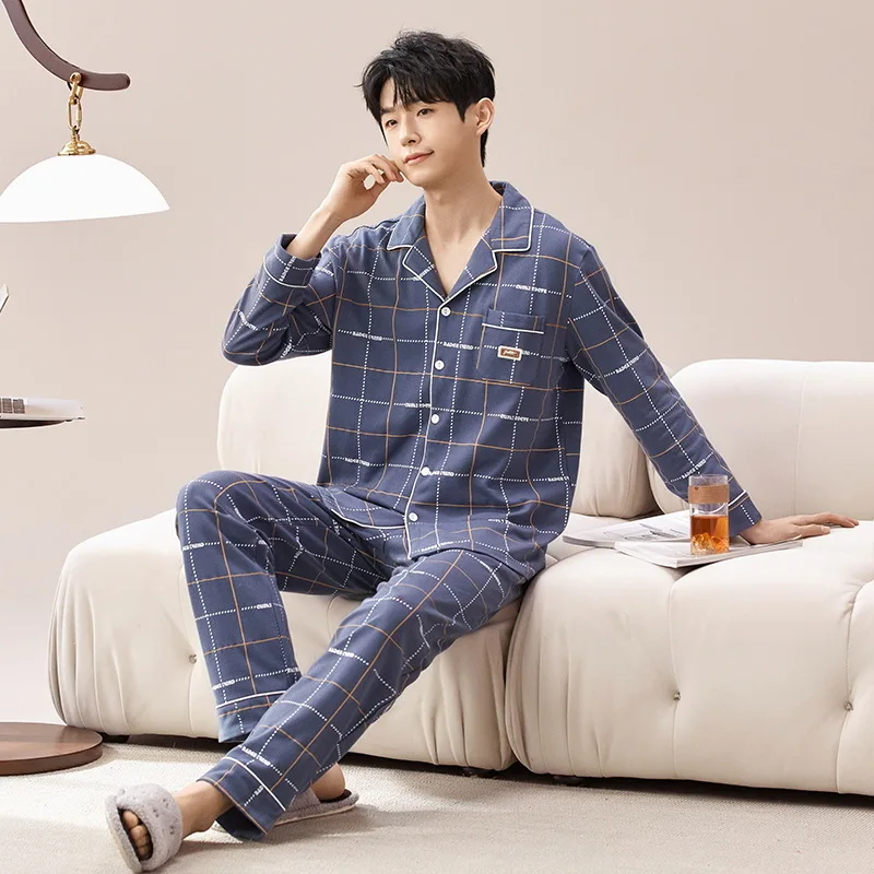 Veľká veľkosť čistá bavlnená pyžama muži jarné ležérne gombíky dole vrecko s dlhým rukávom tričko s nohavičkami Plaid Sleewear Fotoe Loungewear