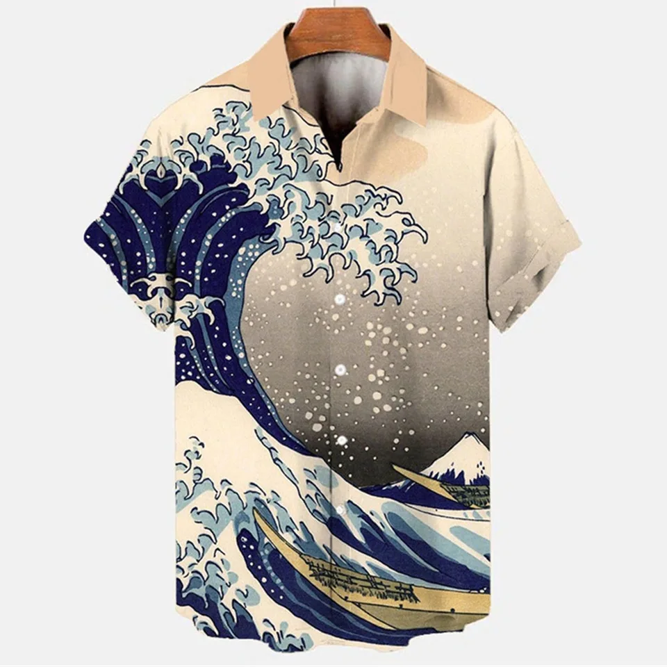 Veľká vlna košele Kanagawa pre mužov Príležitostné košele ľahké košele s krátkym rukávom Henley Beach Hawaiian T tričká pre mužov