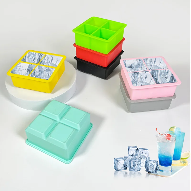 Veľká ľadová podnosová kocka pleseň 4 mriežky Big Ice Cube Maker podnos s vekom silikónový štvorcový ľadový form formy pre whisky koktail brandy