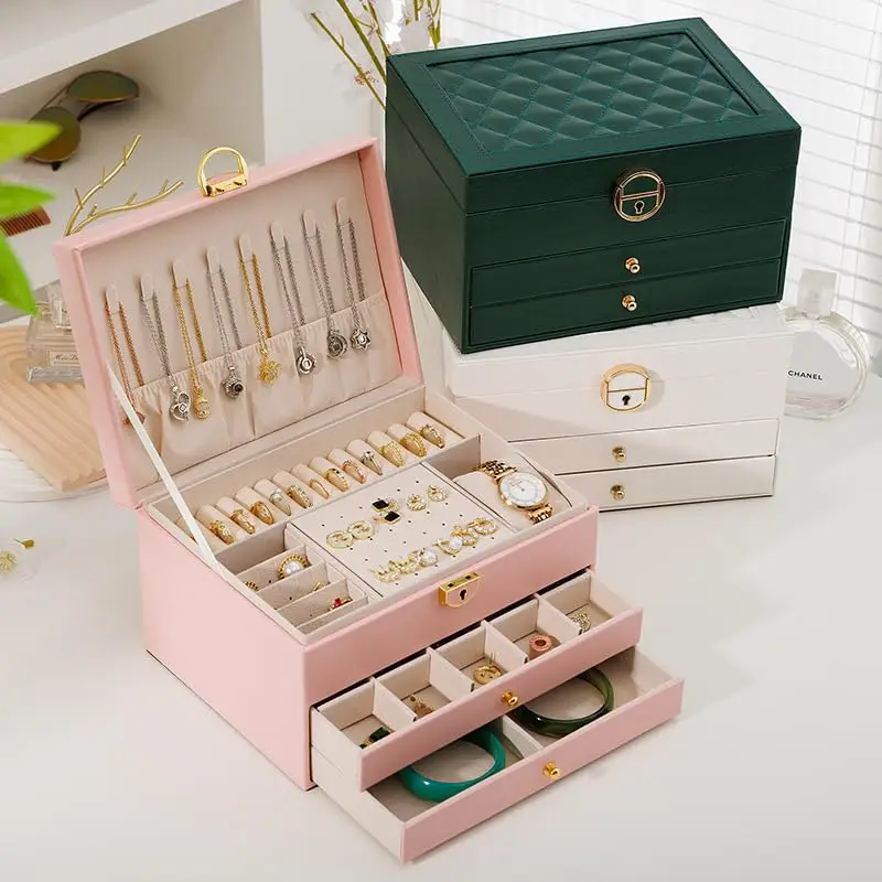 Veľké šperky Storage Box Multi-vrstvový organizátor pre šperky náhrdelníky náušnice kožené šperky úložný priestor na balenie Dis)