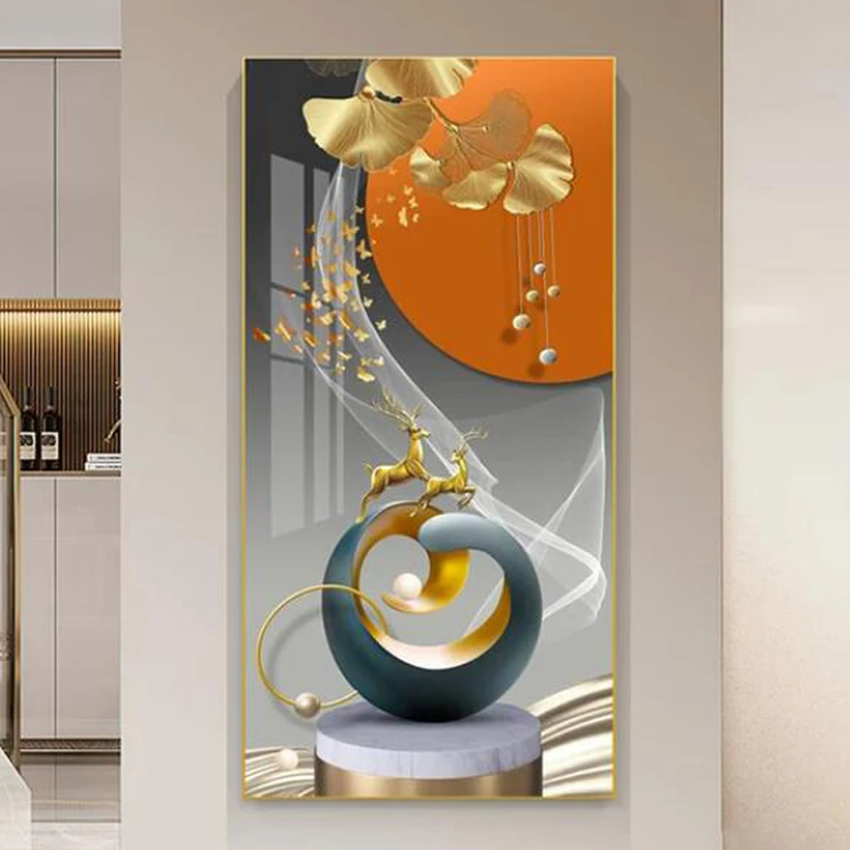Veľký 5D DIY Diamond Painting Abstraktná geometria Zlaté Ginkgo Listy Plné vŕtanie Diamondová výšivka mozaika krížového stehu A747