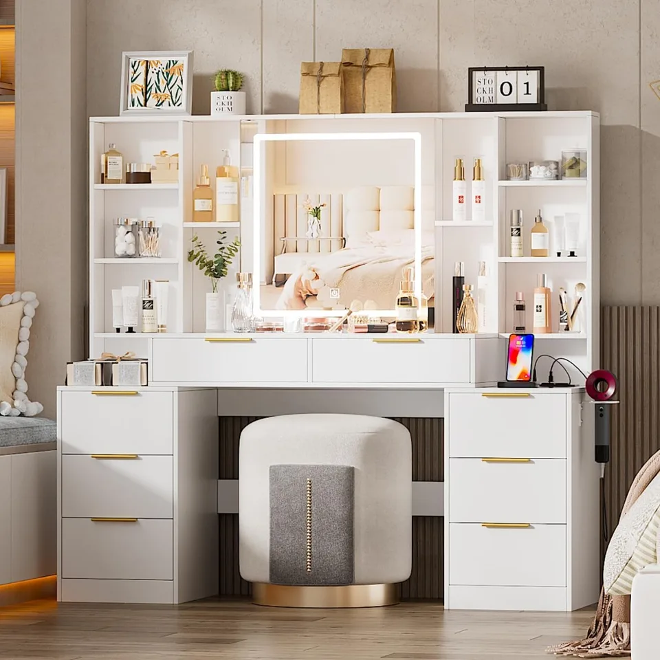 Veľký make -up márnosť stola s osvetleným zrkadlom a zásuvkou na napájanie, komoda s 3 osvetľovacími režimami nastaviteľným jasom, zásuvkami